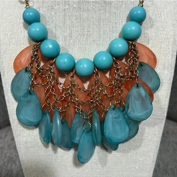 Elegant Bib Style Stone & Teardrop Glass Beaded Bronze Necklace - Picture 4 of 5